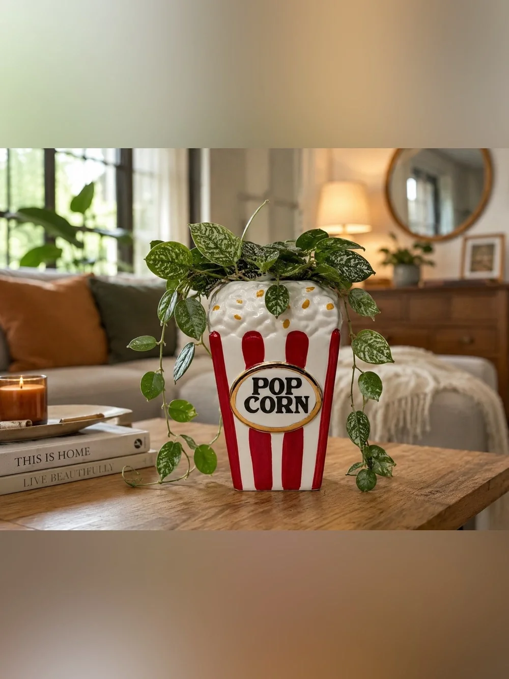 Ceramic Popcorn Bucket Planter, Vintage Style Movie Night Vase